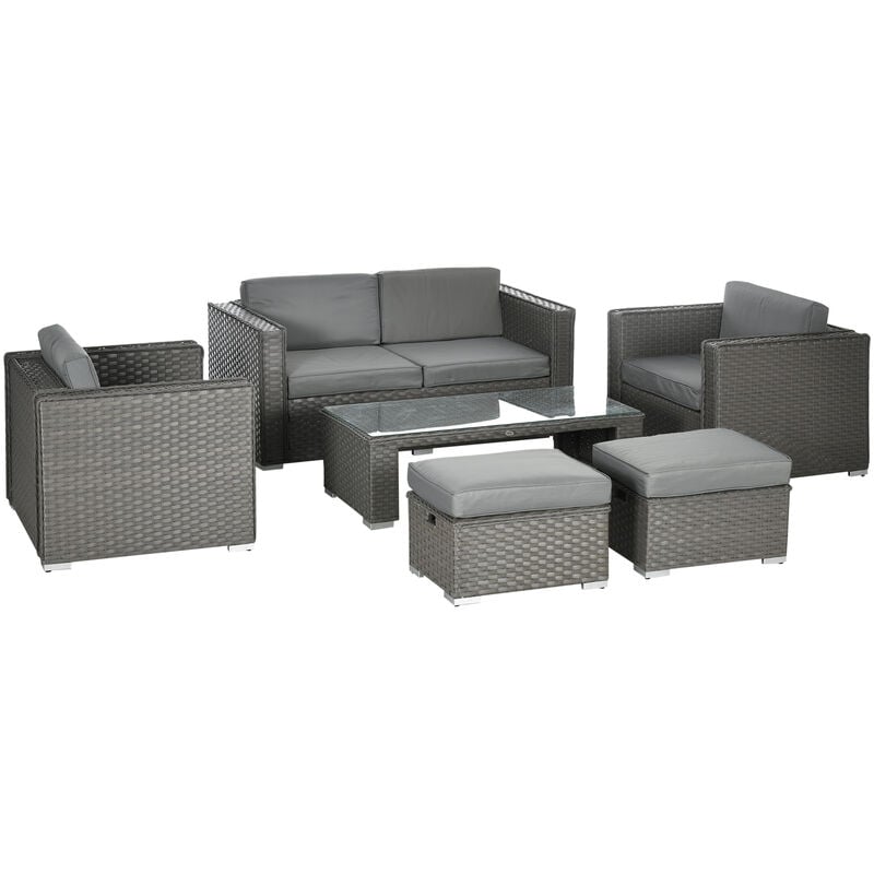 Outsunny 6pc Garden Rattan Sofa Set Outdoor Furniture Patio Table Loveseat Stool Lounging Ottoman Aluminium Frame Wicker Weave Conservatory Grey