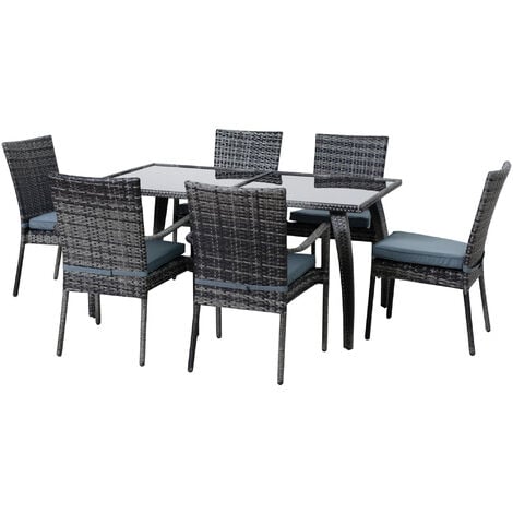 main image of "Outsunny 7 Pcs Garden Dining Set Steel Frame PE Rattan Wicker w/ 6 Chairs Large Table Glass Top Curved Legs Feet Pads Thick Cushions Suitable For Outdoor Family Friends Party Furniture Grey"