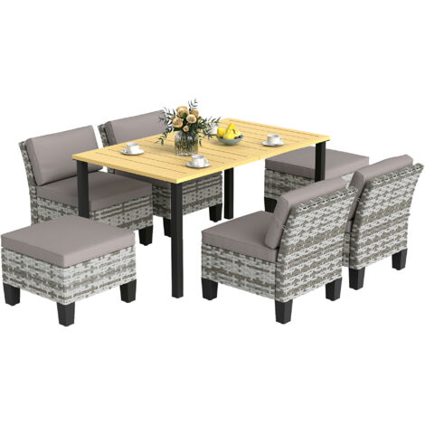 Outsunny 7 PCS Rattan Garden Dining Set with Cushions, Umbrella Hole, Grey