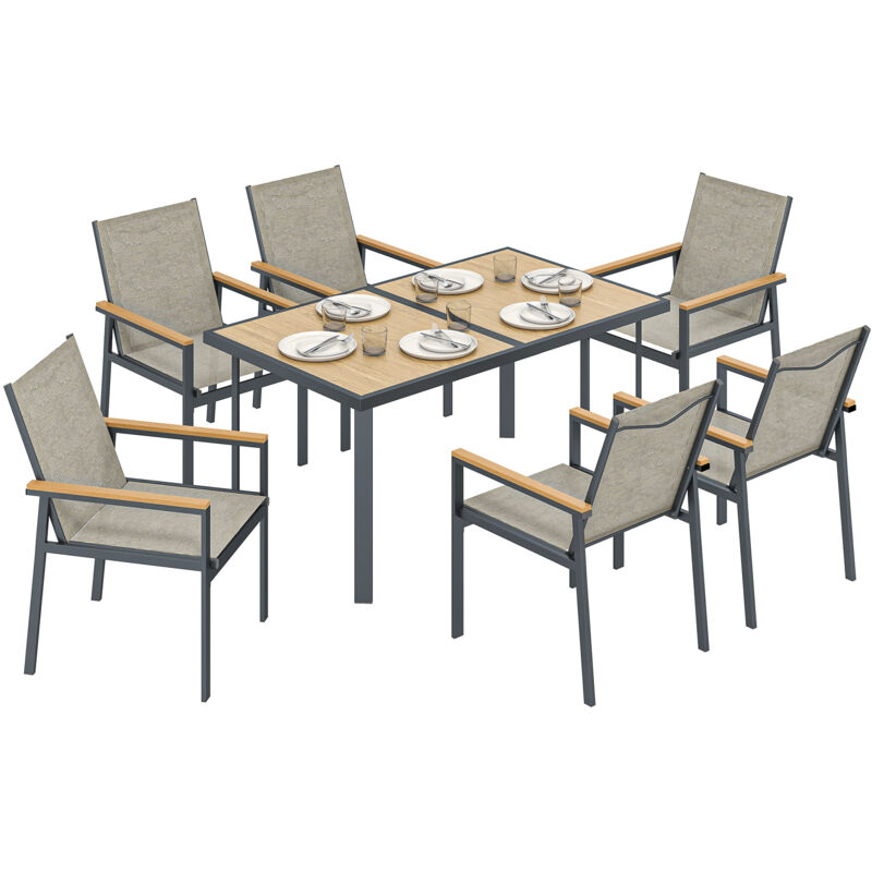 Outsunny 7 Piece Garden Dining Set, Outdoor Table and 6 Chairs, Khaki