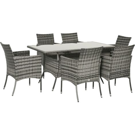 Outsunny 7-Piece Rattan Garden Furniture Set with Cushions, 6 Seater Garden Table and Chairs, Rattan Dining Set with 6 Armchairs, Rectangular Glass Top Table, Grey