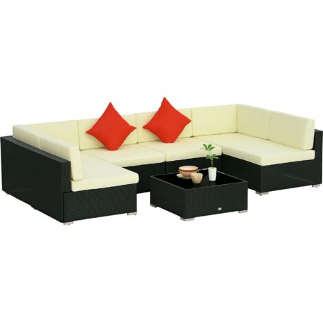 Outsunny 7PC Rattan Garden Furniture Set Coffee Table Buckle Structure Black