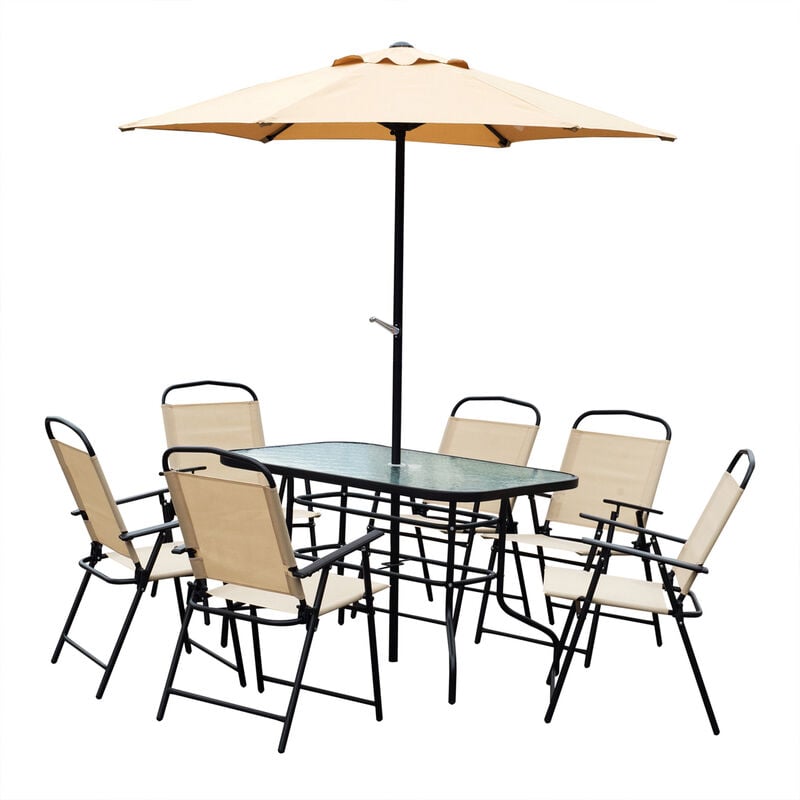 8 Pieces Dining Set Furniture Garden Foldable Chair Umbrella Table Parasol - Beige - Outsunny