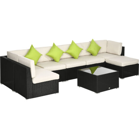 Outsunny 8 Pieces PE Rattan Corner Sofa Set, Outdoor Garden Furniture Set, Patio Wicker Sofa Seater w/ Cushion, Washable Cushion Cover & Tempered Glass Table, Khaki