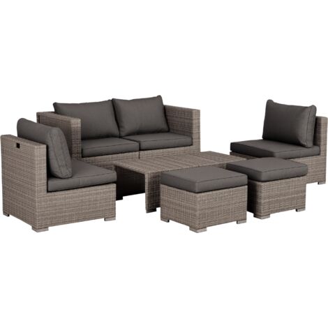 Outsunny 8 Pieces Rattan Garden Furniture Set, Garden Corner Sofa Set with 4 Chairs, 2 Footstools, 2 Coffee Tables and Cushions, Space-Saving Design, No Assembly Required, Grey