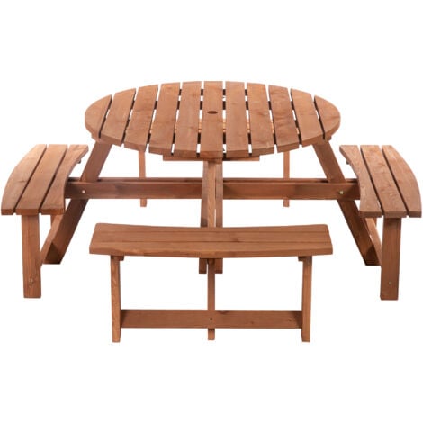 Outsunny 8 Seat Outdoor Wooden Picnic Table with Bench, Parasol Hole, Brown
