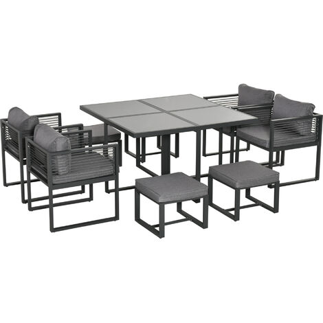 Outsunny 8 Seater Aluminium  Garden Dining Cube Set w/ 4 Chairs 4 Footstools