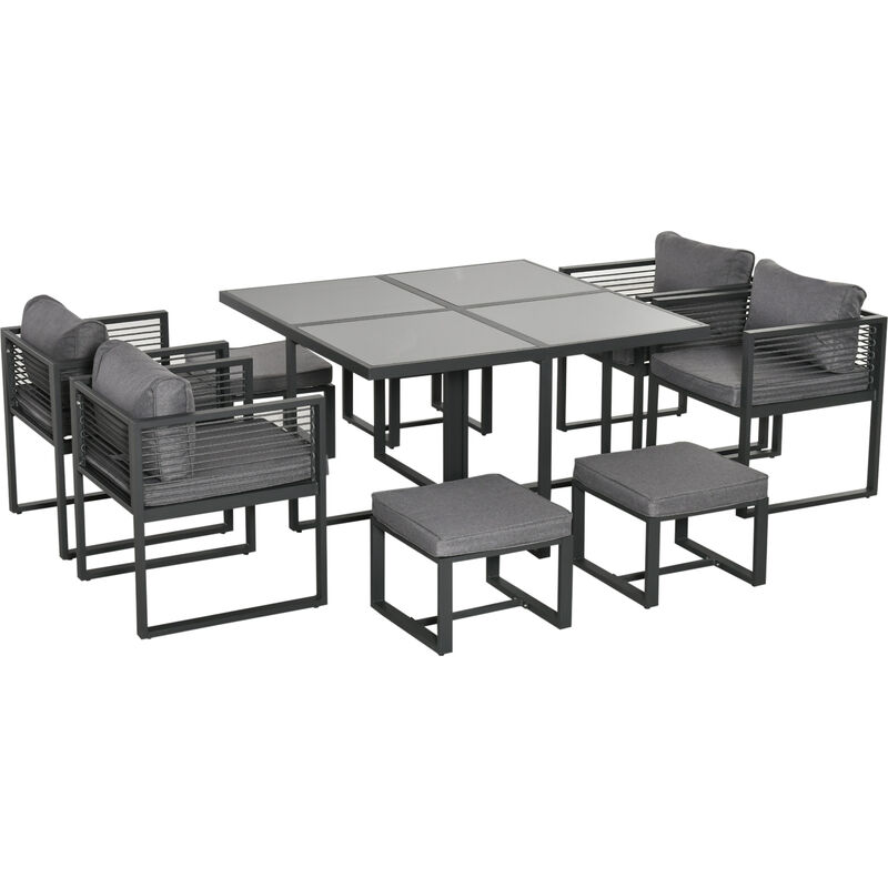 8 Seater Garden Dining Cube Set Aluminium Outdoor Furniture Set Dining Table, 4 Chairs and 4 Footstools with Cushion, Grey - Outsunny
