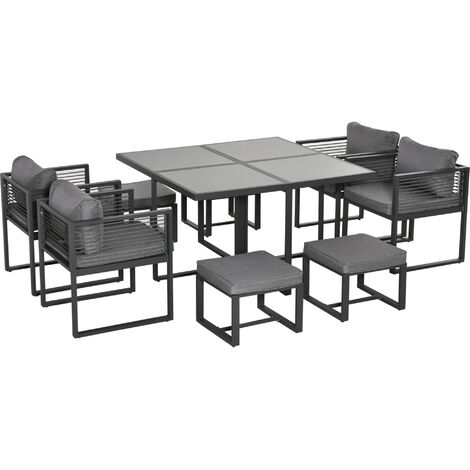main image of "Outsunny 8 Seater Garden Dining Cube Set Aluminium Outdoor Furniture Set Dining Table, 4 Chairs and 4 Footstools with Cushion, Grey"