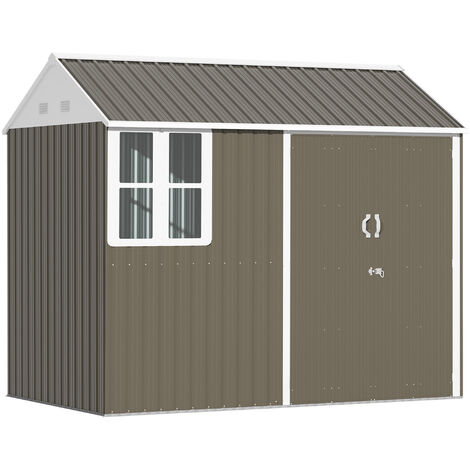 main image of "Outsunny 8 x 6 ft Corrugated Metal Garden Storage Shed w/ Double Door Window Sloped Roof Outdoor Equipment Tool Storage Garden Grey"