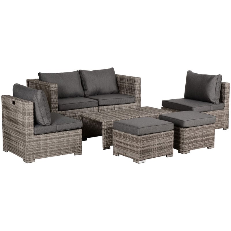 8pc Rattan Garden Furniture 6 Seater Sofa & Coffee Table Set Outdoor Patio Furniture Wicker Weave Chair Space-saving Compact - Grey - Outsunny