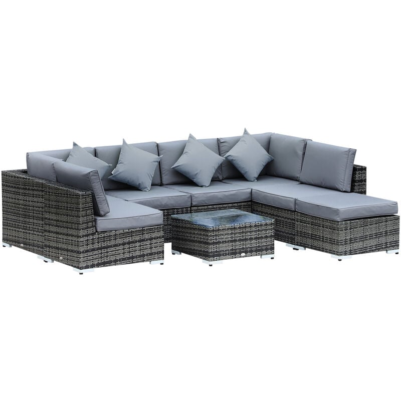 8pc Rattan Sofa Lounge Set Duluxe w/ 6 Seats Stool Table Cushions Pillows - Outsunny