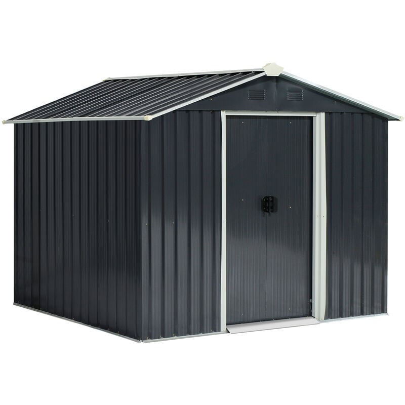 Outsunny - 8x6ft Double Door Garden Storage Shed w/ Windows Sloped Roof Grey