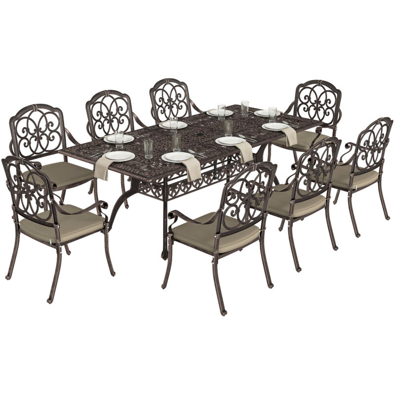 Outsunny 9 Piece Cast Aluminium Garden Dining Set with Cushions, Bronze Tone