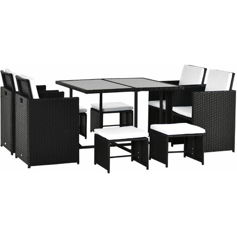 Outsunny 9 tlg. Polyrattan Gartenmöbel Rattan Gartenset Sitzgruppe Garnitur Essgruppe inkl. Kissen Schwarz 109 x 109 x 72 cm