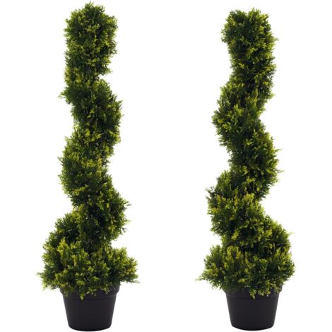 Outsunny 90cm/3FT Artificial Trees, Spiral Topiary Trees w/ Pot Set Of 2, Fake Indoor Greenery Plant Home Office Garden Decor Green