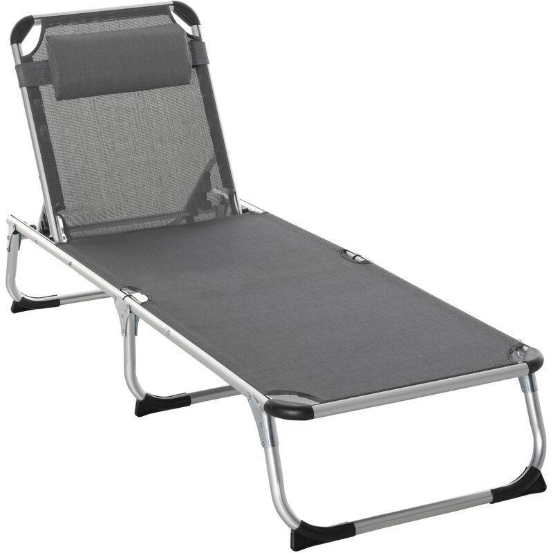 Foldable Reclining Sun Lounger Lounge Chair Camping Bed Cot with Pillow 5-Level Adjustable Back Aluminium Frame Grey - Outsunny