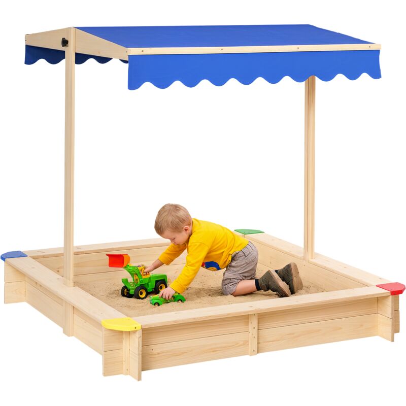 

Outsunny Arenero de Madera para Niños con Techo Toldo Ajustable 120x120x120cm para Jardín - Madera Natural, Azul