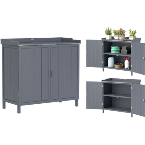 Outsunny – Armoire de jardin sur pied avec étagère et plateau métal galvanisé – Bois sapin gris – Dimensions 98L x 48P x 95,5H cm