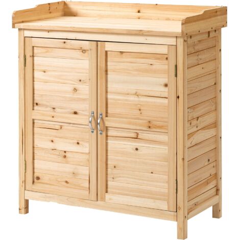 Outsunny Armoire de jardin sur pied en bois massif sapin pré-huilé naturel, remise outils double porte avec étagère interne, 83x40x92 cm
