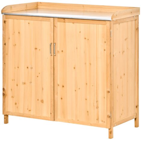 Outsunny Armoire de jardin sur pied table de rempotage 2 en 1 - table de jardinage double porte, étagère, plateau tôle acier galvanisé - table de plantation  de cèdre pré-huilé