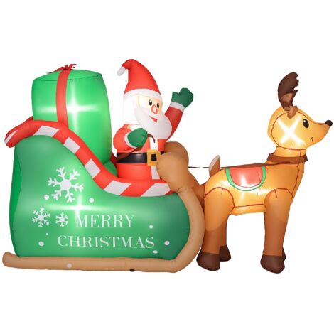 Outsunny Aufblasbar Weihnachtsdeko, 2,1 m Weihnachtsmann mit Schlitten & Rentier, LED-Beleuchtung, Selbstaufblasende Weihnachtsbeleuchtung für Innen- und Außenbereich