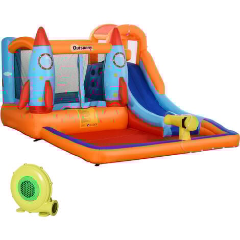 Outsunny Aufblasbare Hüpfburg mit Rutsche für 4 Kinder Burg Springburg mit Gebläse Spielburg Spielhaus für 3-10 Jahre Kindergarten Raketenmuster Oxford-, Polyester-Gewebe 350 x 250 x 185 cm - Mehrfarbig