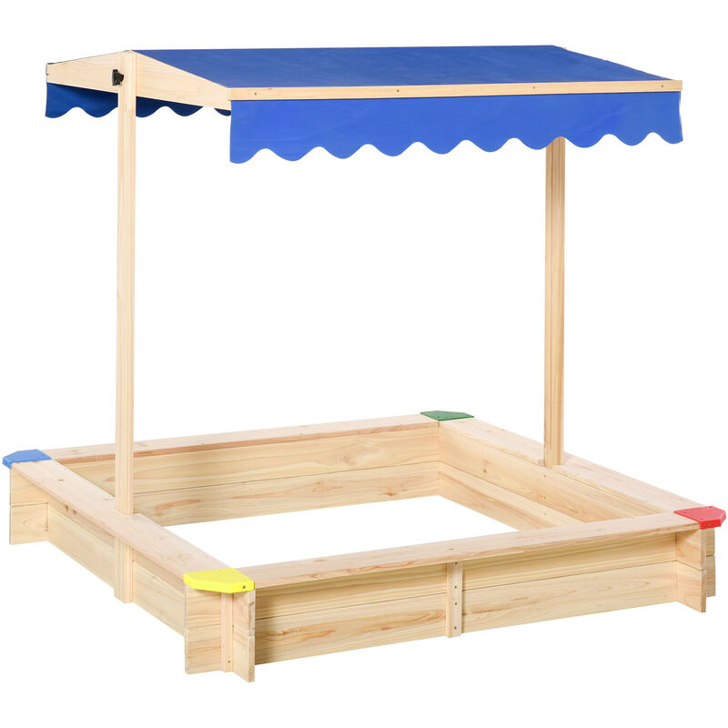 Outsunny - Bac à sable bois carré dim. 1,2L x 1,2l x 1,2H m - hauteur et inclinaison toit réglables - bois naturel de pin - Bleu