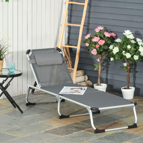 Outsunny Bain de soleil chaise longue pliante avec appuie-tête. transat inclinable en aluminium et textilène. transat jardin extérieur pour plage relax camping piscine terrasse. 165x60x76cm. gris