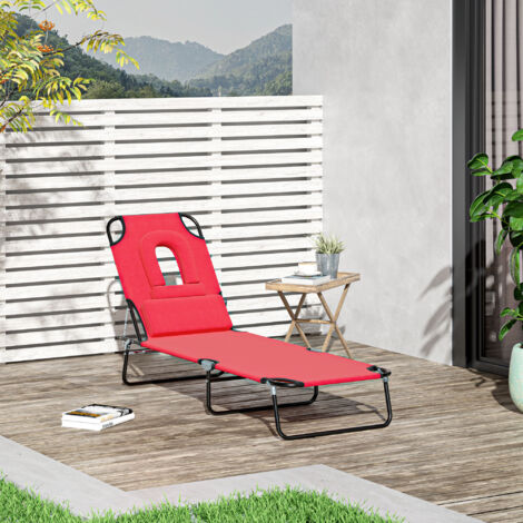Outsunny Bain de Soleil Pliable transat inclinable 4 Positions Chaise Longue 3 Coussins fournis Rouge