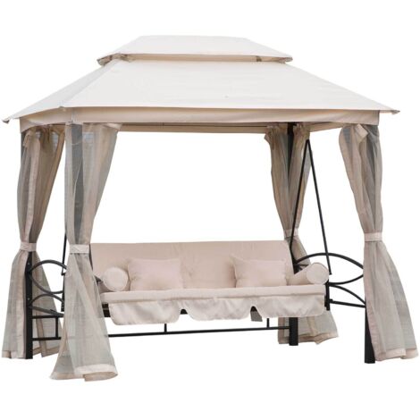 Outsunny Balancelle de Jardin 3 Places Convertible Style Colonial Grand Confort 2 Coussins + Matelas + moustiquaires Inclus Noir Beige