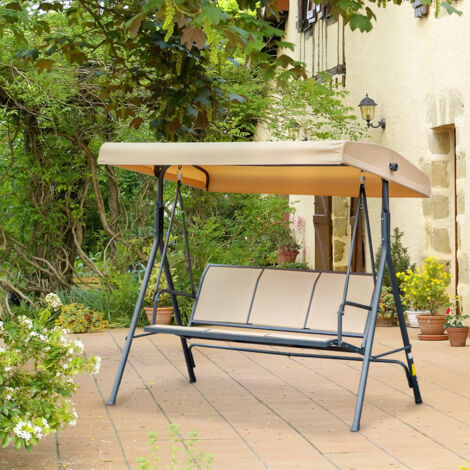 Outsunny Balancelle de Jardin 3 Places Grand Confort Toit Inclinaison réglable Assise et Dossier Ergonomique Acier époxy textilène Beige