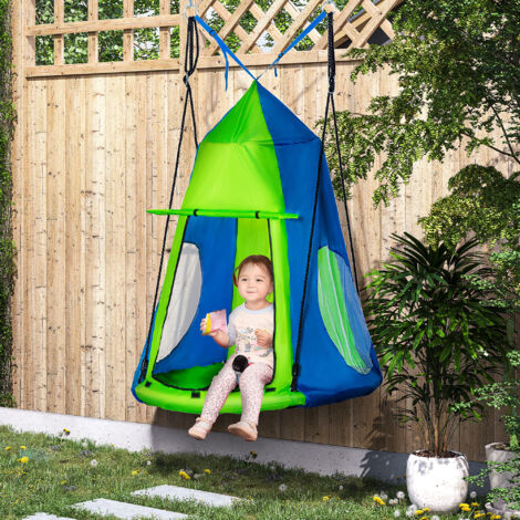 Outsunny Balançoire nid d'oiseau Ronde avec Tente Amovible Ø 100 cm 4 Anneaux Inclus métal époxy Oxford Haute densité - Vert et Bleu