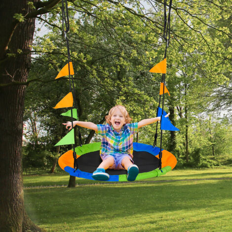Outsunny Balançoire nid d'oiseau Ronde balançoire Panier Ø 100 cm pour enfant et adulte 2 Anneaux Inclus Poids max. 80 kg métal époxy PP Oxford Haute densité Drapeaux Multicolores