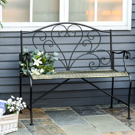 Outsunny Banc de Jardin 2 Places Style néo-rétro Fer forgé Lignes fuselées métal Noir doré Effet Vieilli