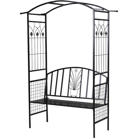 Outsunny Banc de Jardin avec Arceau Support pour Plantes Grimpantes, Pergola Métallique Noir 154 x 60 x 205 cm