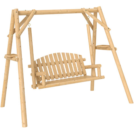 Outsunny banco columpio de jardín de madera de 2 plazas con bandejas laterales reposabrazos y estructura en A carga 240 kg 200x135x175 cm natural