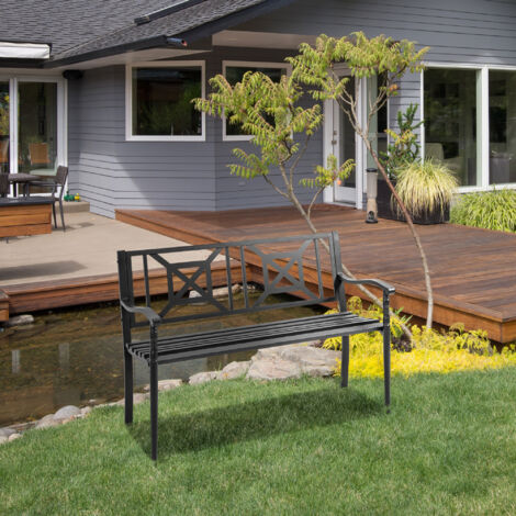 Outsunny Banco de Jardín de 2 Plazas Banco Exterior de Acero con Reposabrazos y Respaldo Decorativo para Terraza Balcón Patio Carga 240 kg 128x62,5x81,5 cm Negro