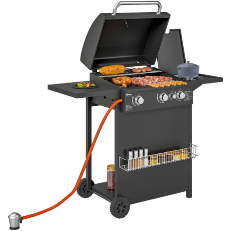 Outsunny barbacoa de gas BBQ gas con 3+1 quemadores 8,5 kW barbacoa portátil con termómetro mesa lateral parrilla recogedor de grasa 2 ruedas negro