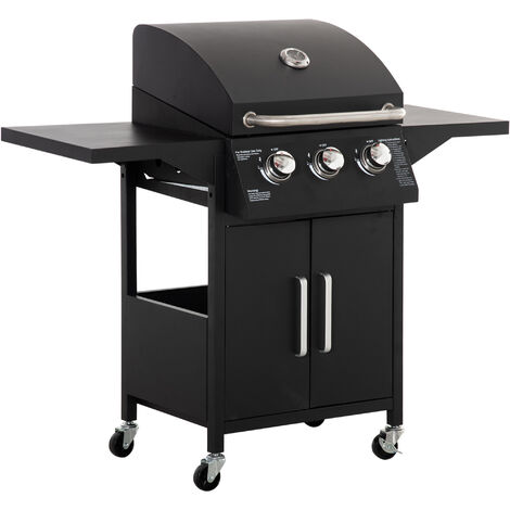 Outsunny barbacoa de gas con 3 quemadores termómetro 2 parrillas de gas con 2 mesas laterales armario de 2 puertas 4 ruedas frenos para BBQ