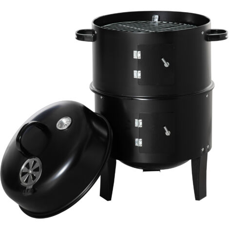 Outsunny Barbecue a Carbone 3 in 1 con Coperchio, Termometro e 3 Livelli Indipendenti, in Acciaio Nero