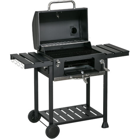 Outsunny Barbecue a Carbonella con Griglia Regolabile, Coperchio e Ruote Nero