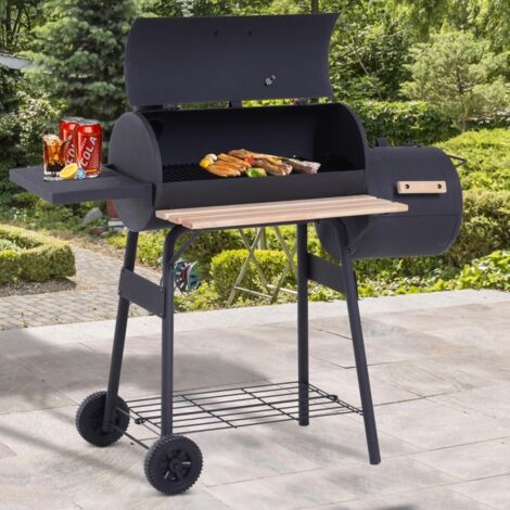Outsunny Barbecue à Charbon fumoir BBQ Grill Smoker sur Pied avec Couvercle, roulettes, thermomètre, étagères Acier laminé à Froid Noir