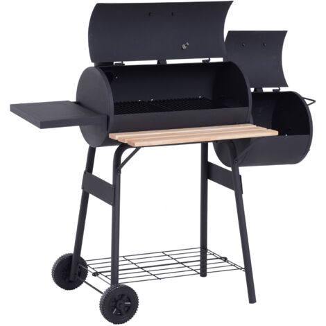 Outsunny Barbecue à Charbon Fumoir sur Pied, Gril avec Couvercle, Roulettes, Thermomètre, Étagères en Acier Laminé à Froid Noir