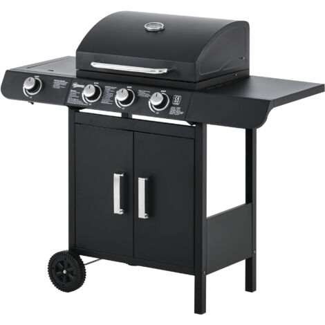 Outsunny Barbecue a Gas con Coperchio e Termometro, Fornello e 2 Ruote