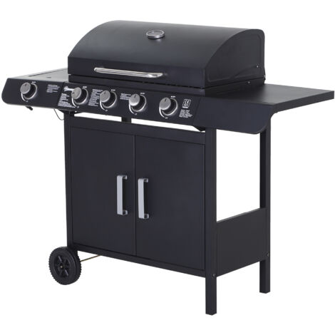 Outsunny Barbecue da Giardino a Gas con Ripiani Laterali e Armadietto Nero