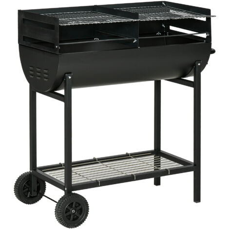 Outsunny Barbecue in Acciaio con 2 Griglie Indipendenti e 2 Ruote Nero