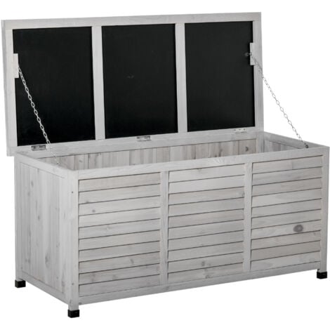Outsunny baúl de almacenaje exterior 284L arcón de jardín de madera impermeable con tapa abrible y diseño persiana 127x56x60 cm gris