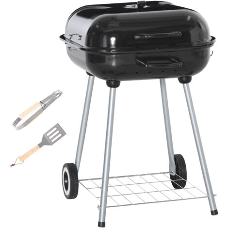 Outsunny BBQ Charcoal Smoker Grill Trolley with 2 Wheels and Grilling Utensils