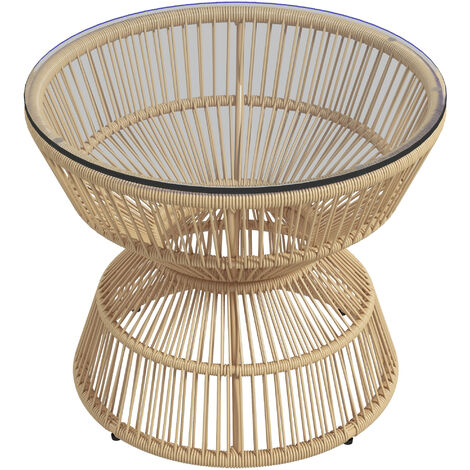 Outsunny Beistelltisch Rattan, Ø60 cm Couchtisch Gartentisch mit Tischplatte aus Hartglas, Balkontisch im Boho-Design, Kaffeetisch für Garten, Balkon, Naturholz
